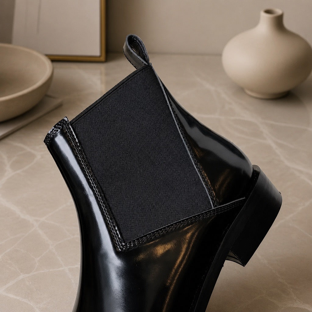 Black Patent Leather Pointed-Toe Chelsea Ankle Boots