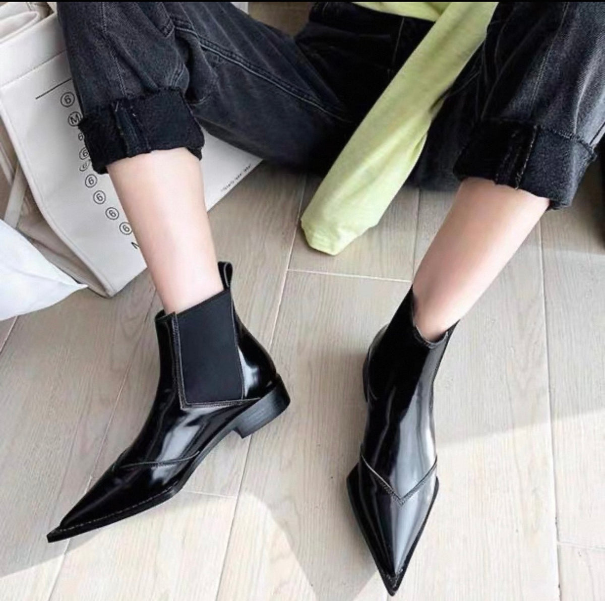 Black Patent Leather Pointed-Toe Chelsea Ankle Boots