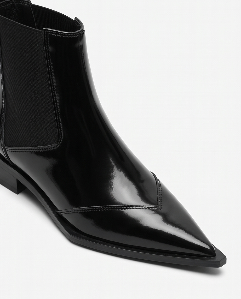 Black Patent Leather Pointed-Toe Chelsea Ankle Boots