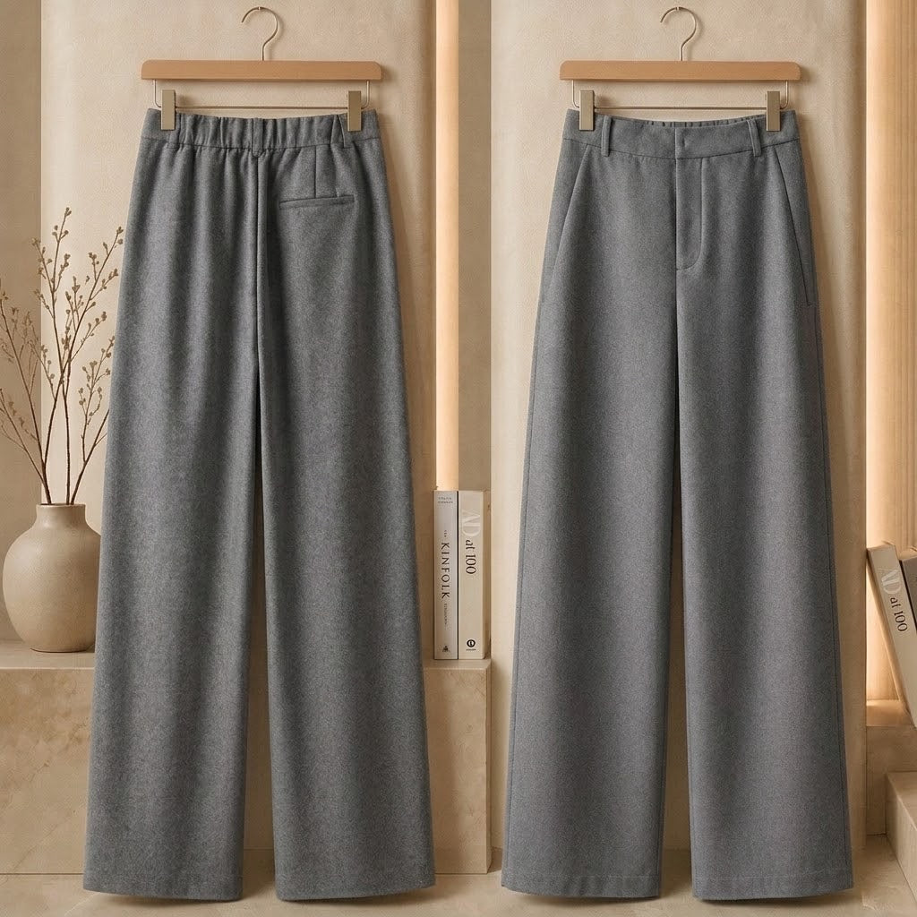 High-Waist Wide-Leg Wool Blend Suit Trousers in grey — front and back view