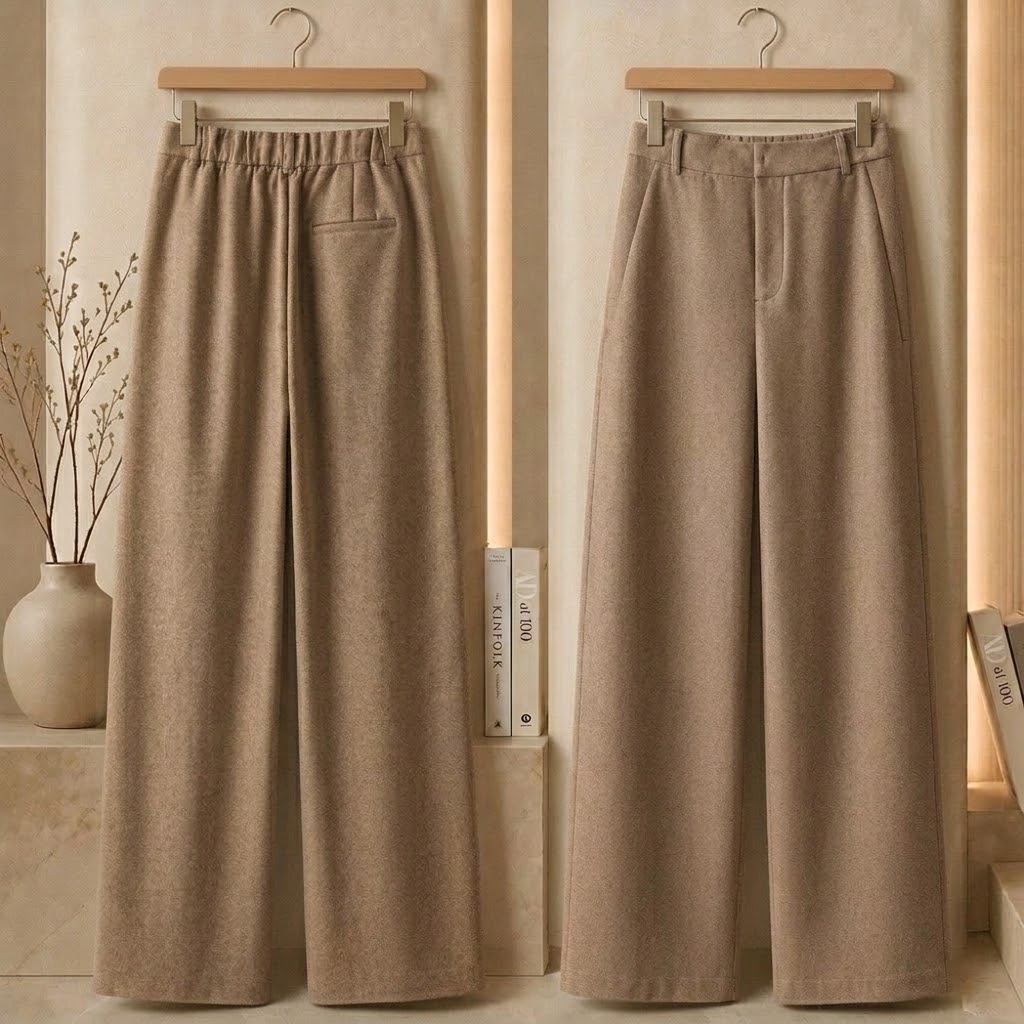 High-Waist Wide-Leg Wool Blend Suit Trousers in camel brown — front and back view