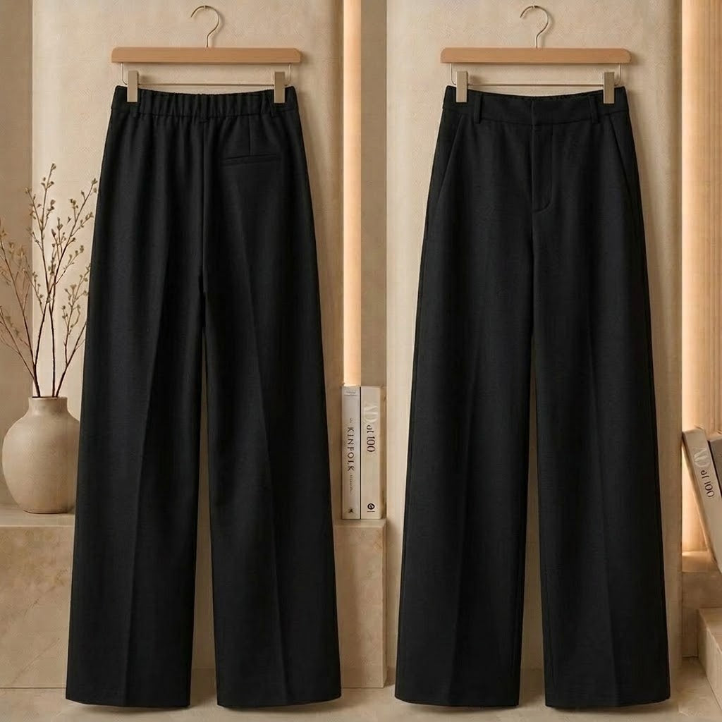 High-Waist Wide-Leg Wool Blend Suit Trousers in black — front and back view