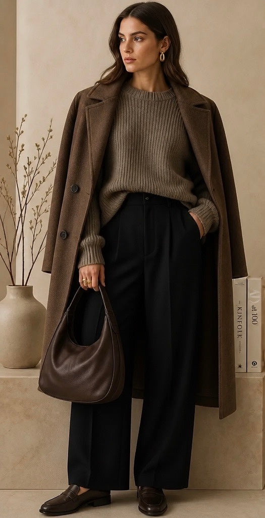 A woman stands indoors wearing a long brown coat over a taupe ribbed sweater, black wide-leg pants, and brown loafers, while carrying a brown leather shoulder bag. The setting includes a beige wall, a vase with dried stems, and books.