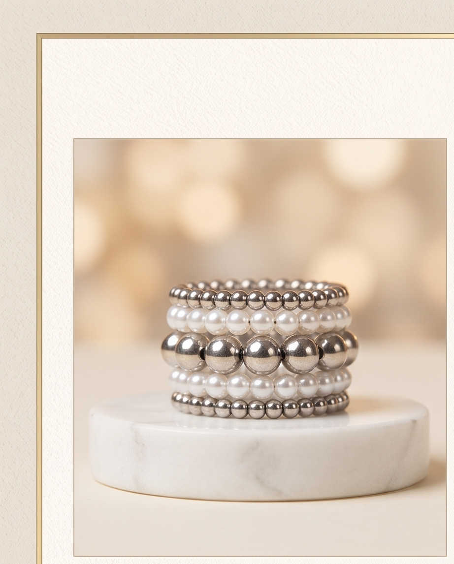 Pearl and silver bead ring set on marble display stand with bokeh background