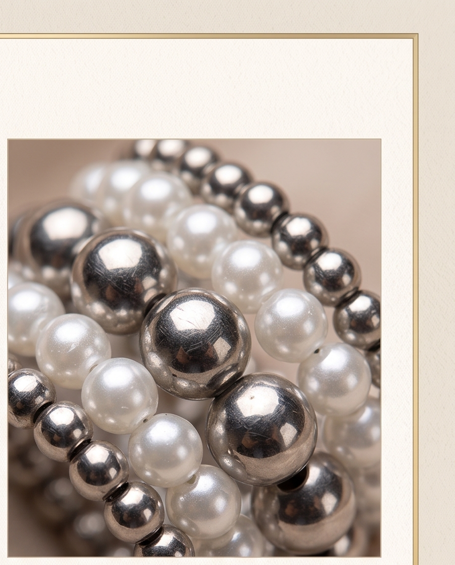 Silver pearl and ball stacked ring set worn on hand
