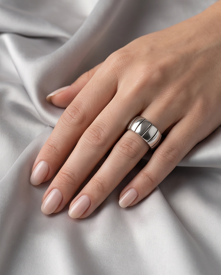 Model wearing silver chunky grooved wide band open ring on index finger against grey silk