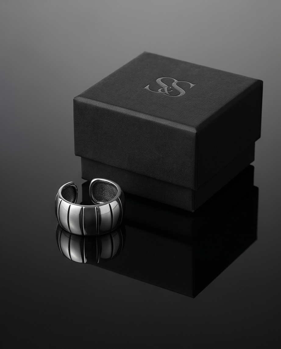 Silver Chunky Grooved Wide Band Open Ring