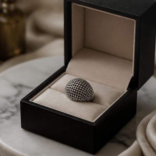 Gunmetal dome pavé ring on black cylindrical display stand