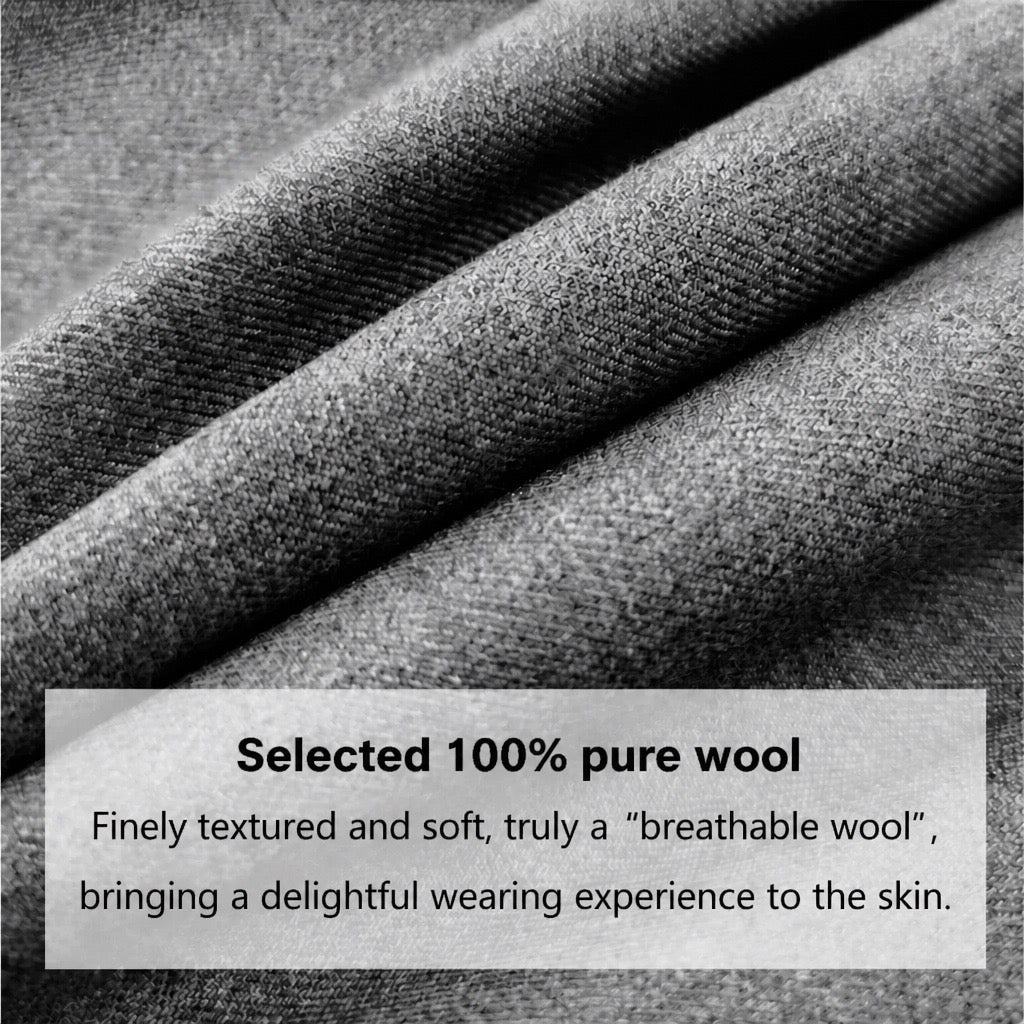 Close-up of draped gray wool fabric with a text overlay that reads 'Selected 100% pure wool' and 'Finely textured and soft, truly a "breathable wool", bringing a delightful wearing experience to the skin.'.