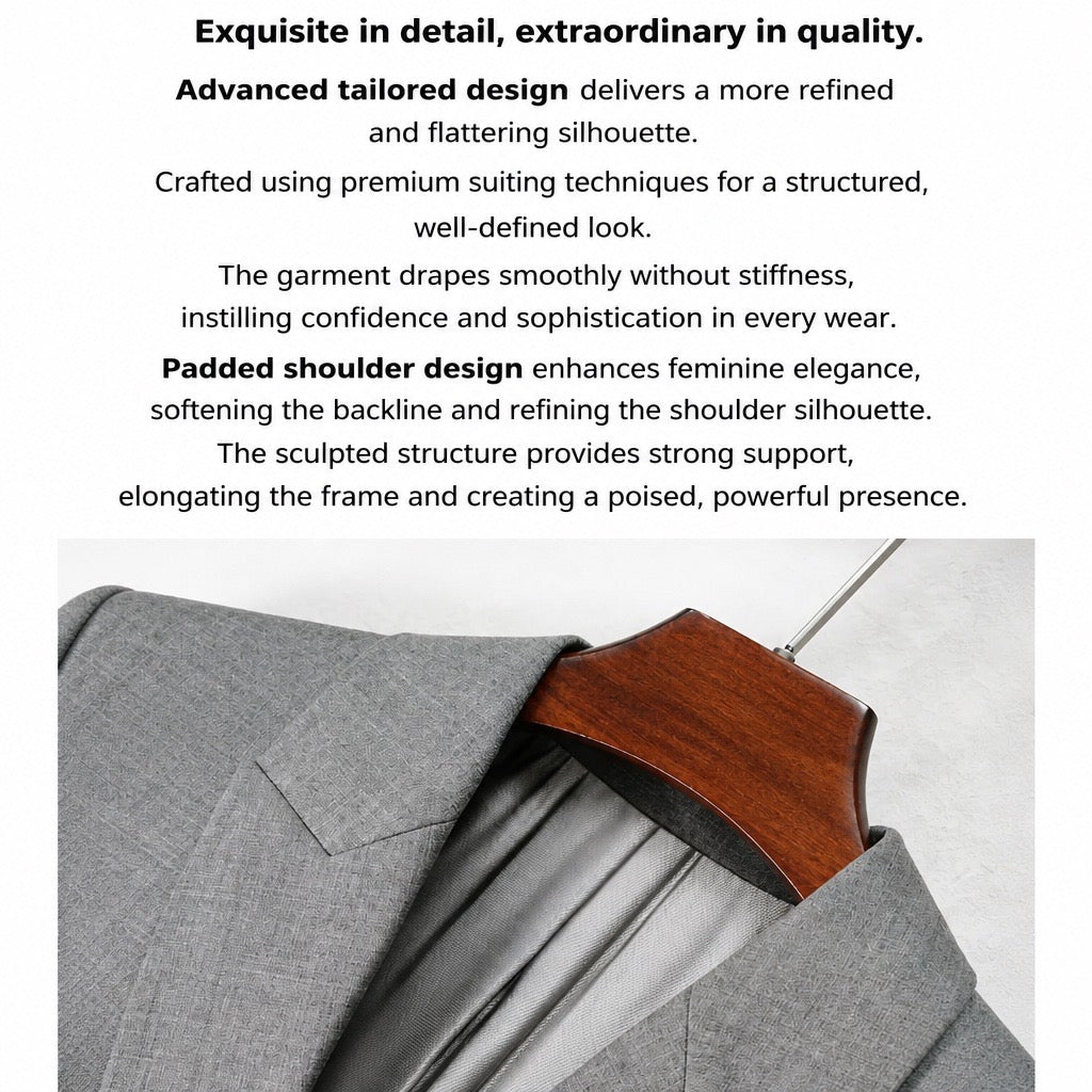 Text describing tailored suit jacket features above a close-up photo of a gray suit jacket hanging on a wooden hanger against a light gray background.