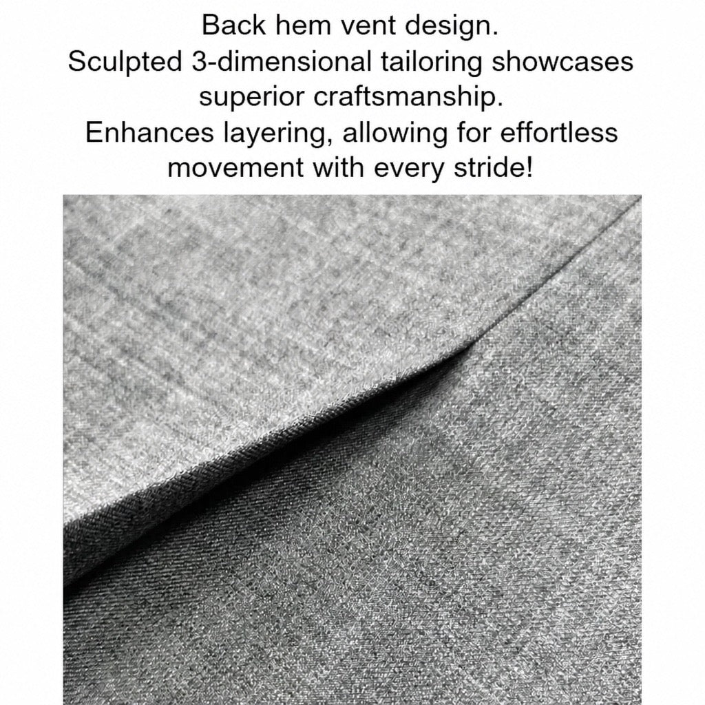 Text above a close-up fabric swatch showing a gray woven textile with a folded seam, with promotional copy about back hem vent design and 3-dimensional tailoring.