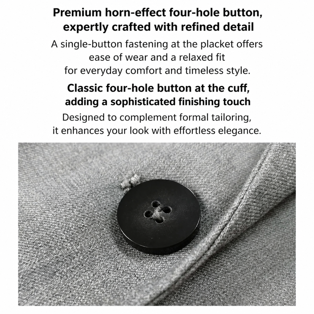 Text describing premium horn-effect four-hole buttons with a close-up photo of a black four-hole button sewn onto gray textured fabric.