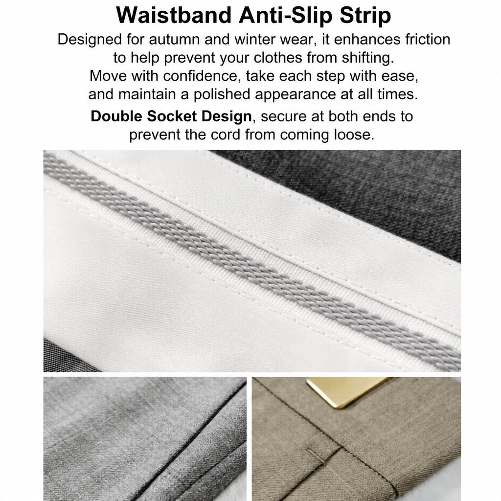 Promotional graphic for a waistband anti-slip strip, featuring descriptive text at the top and three close-up detail photos of the fabric strip applied to clothing in gray, black, and taupe tones.