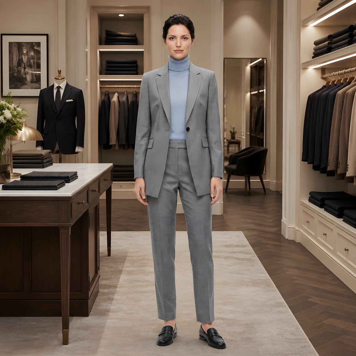 A woman stands in a luxury clothing boutique wearing a light gray two-piece suit with a light blue turtleneck underneath and black loafers. The background features a well-lit fitting room with other suits, a wooden desk, and a beige rug.