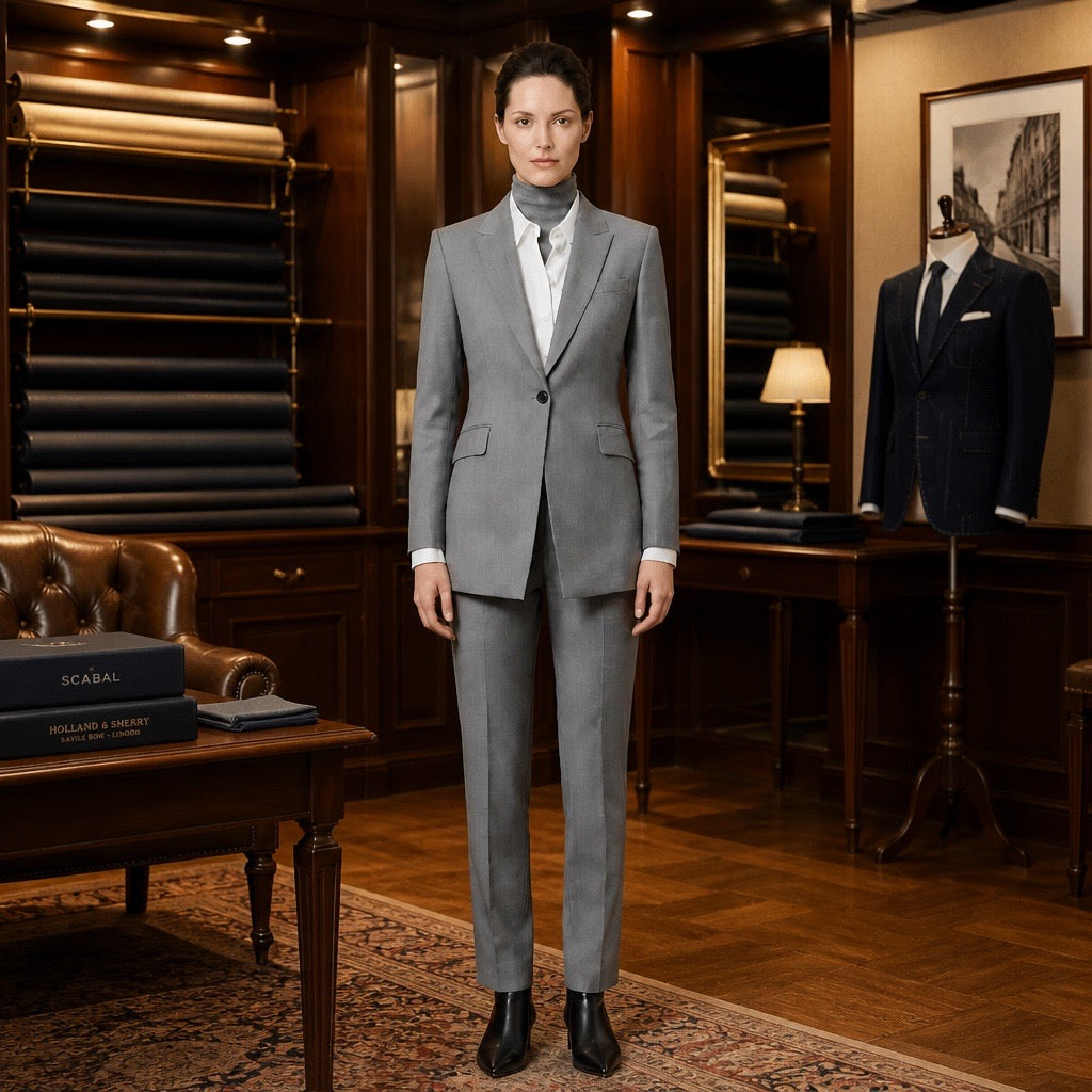 A woman stands in a luxury tailoring room wearing a light gray two-piece suit with a white shirt and dark gray turtleneck. The background features dark wood cabinets, fabric rolls, and a dress form displaying a navy suit.