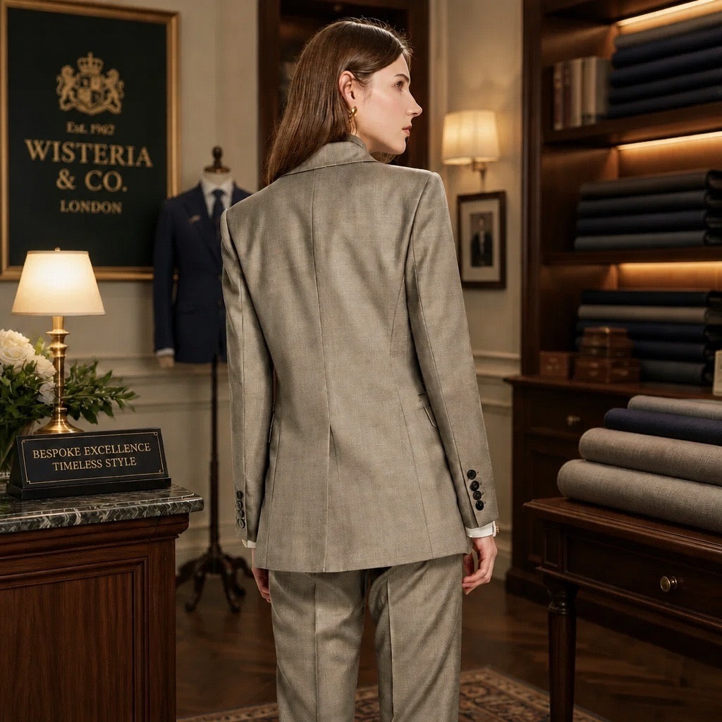 A woman stands with her back to the camera wearing a tailored light gray suit in a warm, upscale clothing boutique. The background features wooden shelves with folded fabrics, lit lamps, and a framed sign for Wisteria & Co.