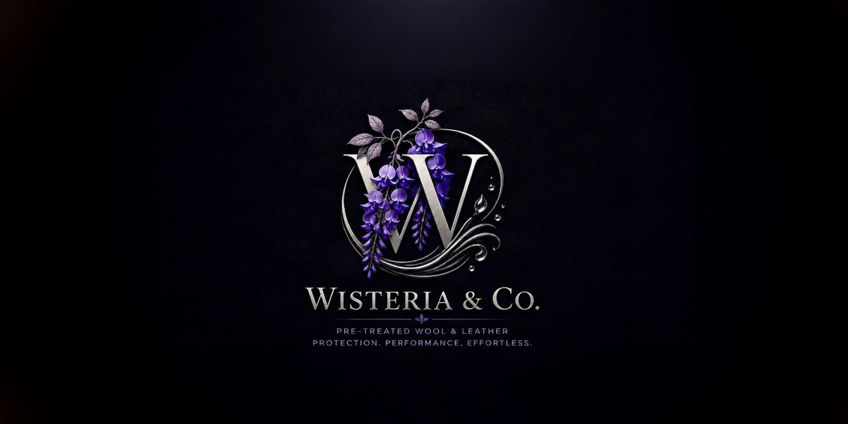 A luxury brand logo for Wisteria & Co. featuring a stylized silver 'W' adorned with purple wisteria flowers and green leaves, set against a dark textured background with the brand name and tagline below.