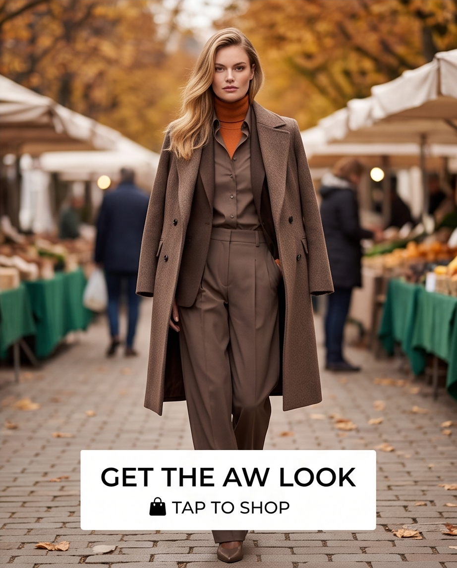 A woman stands in an outdoor farmers market wearing a coordinated brown outfit consisting of a long taupe-brown overcoat, matching vest and wide-leg trousers, and an orange turtleneck. A white promotional banner at the bottom reads 'GET THE AW LOOK' and 'TAP TO SHOP'.