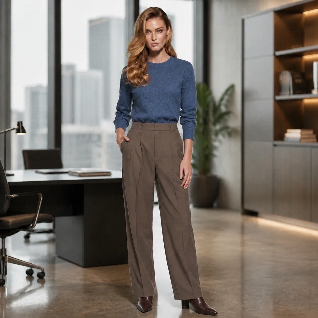 Pleated Wide-Leg Wool Trousers — Cuba Brown