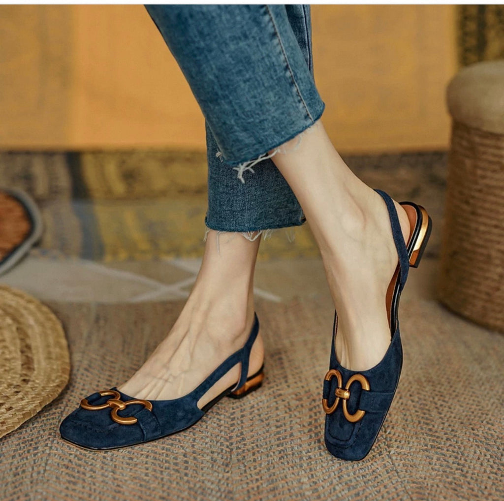 Navy Gold Horsebit Slingback Ballet Flats