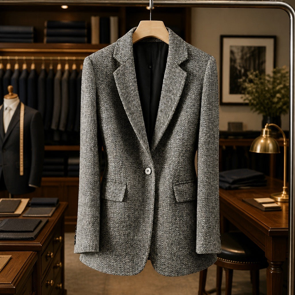 100% Wool Herringbone Sequin-Trim Blazer