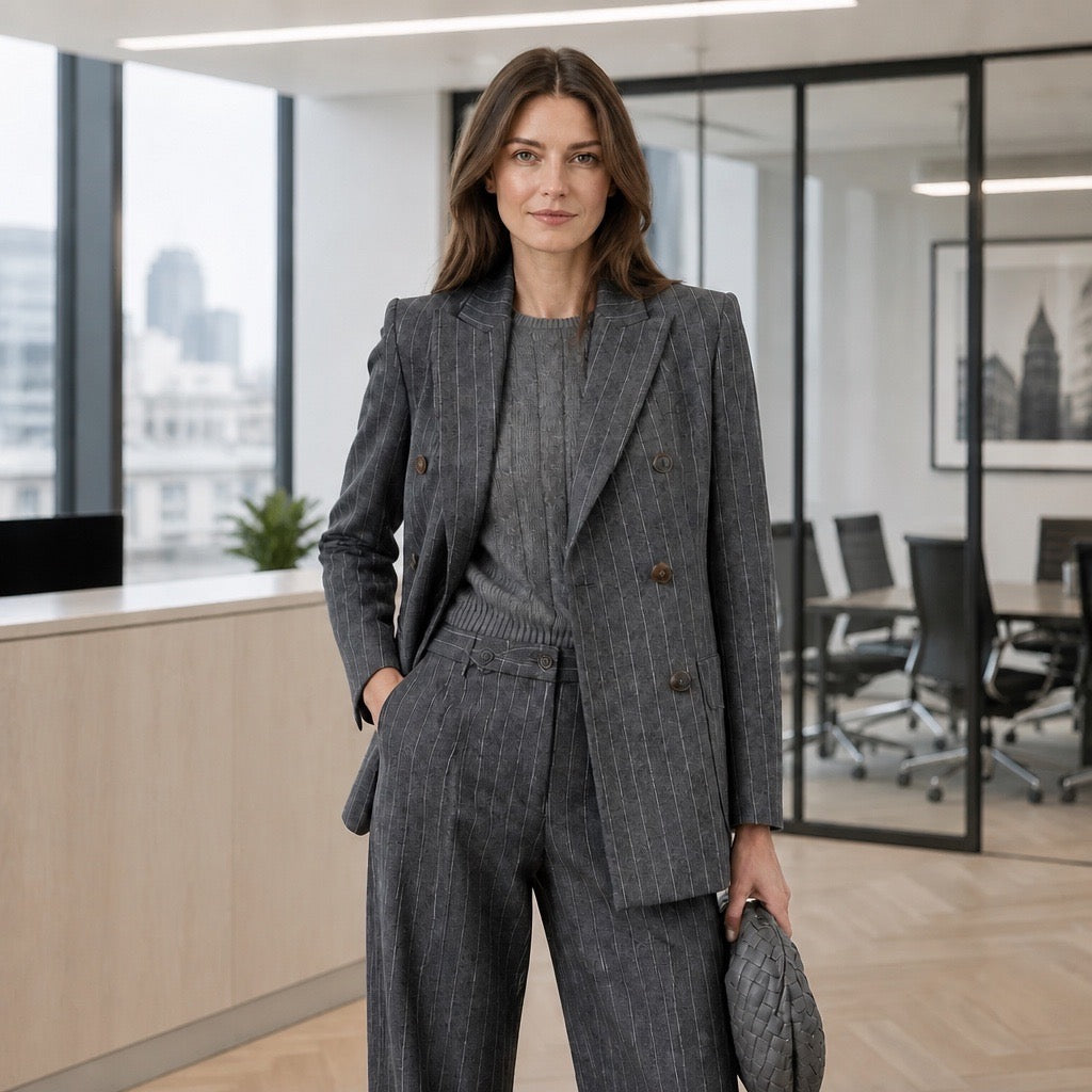 Light Grey Stripe Wool Blend Suit Set