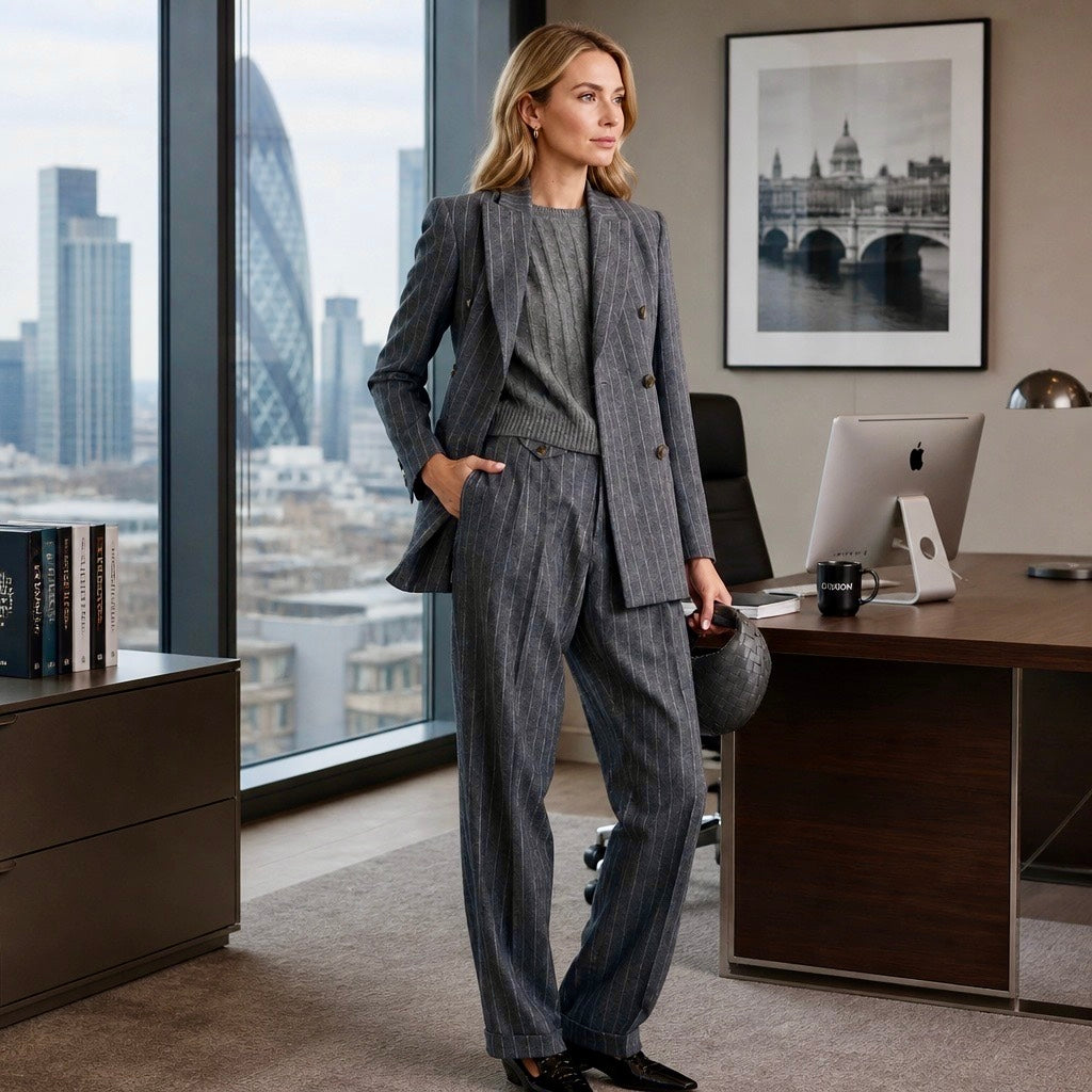 A woman stands in a modern office wearing a tailored gray pinstripe blazer and matching wide-leg trousers over a gray top. Large windows behind her show a city skyline, and a desk with computers and framed wall art are visible.