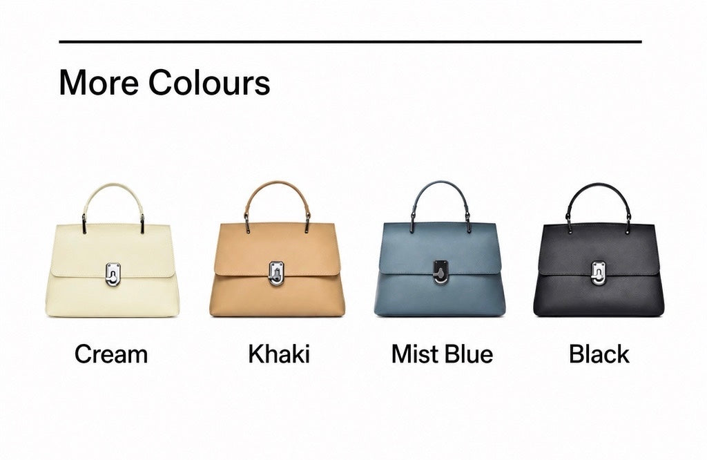 A color options graphic showing four structured top-handle handbags labeled Cream, Khaki, Mist Blue, and Black under the heading 'More Colours' on a white background.