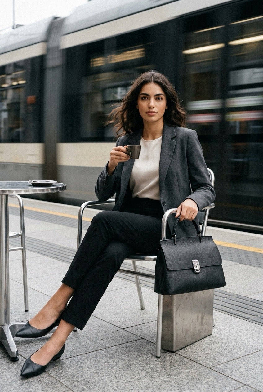 A woman in a black blazer and black trousers sits on a metal chair at a train station platform, holding a black handbag and a cup. A blurred train is visible in the background.