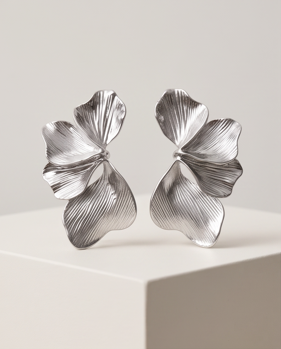 Silver Sculptural Double Petal Statement Earrings - Display Stand