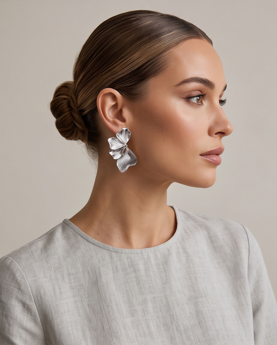 Silver Sculptural Double Petal Statement Earrings - Model Lifestyle