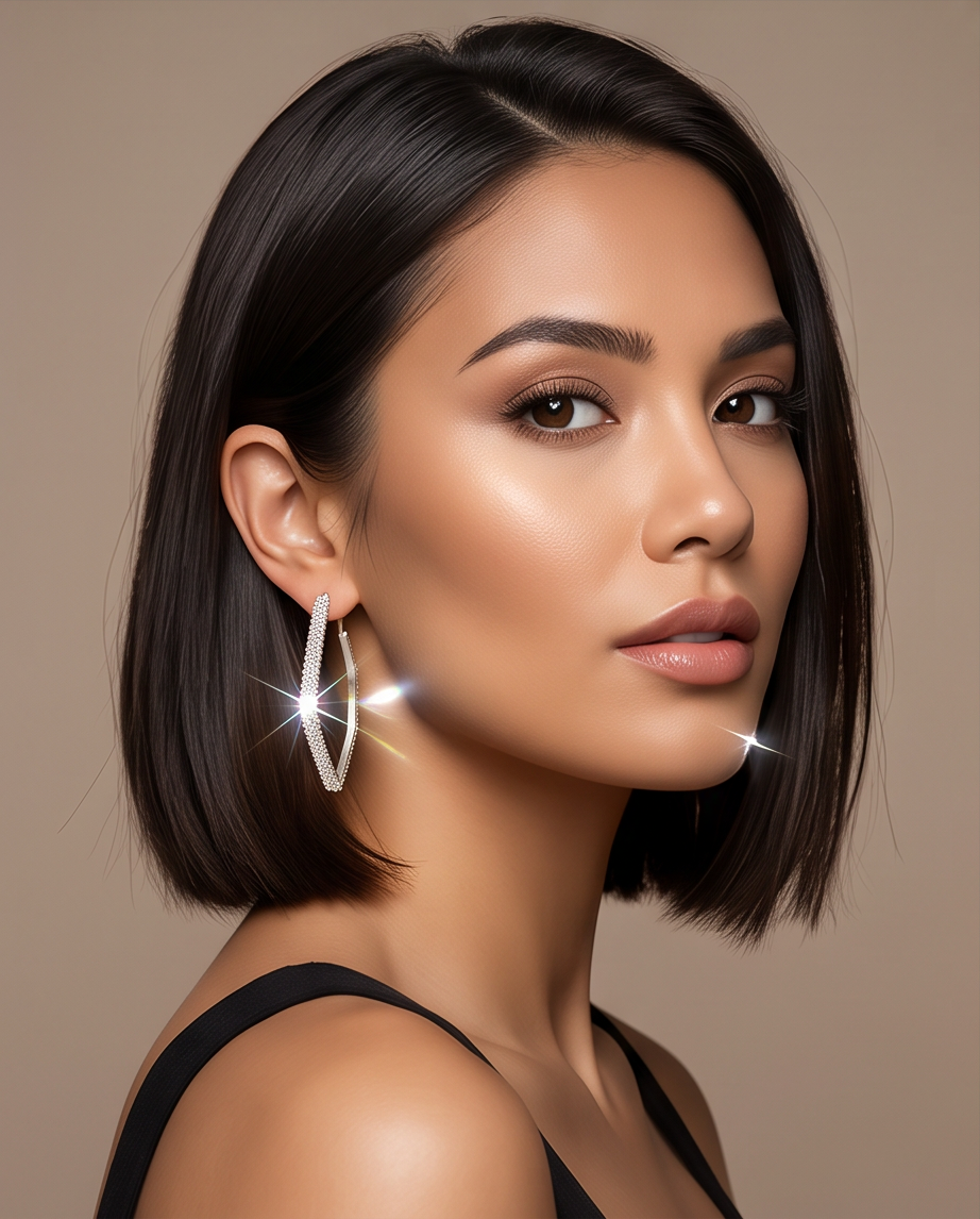 Silver Crystal Pavé Square Hoop Earrings worn by model