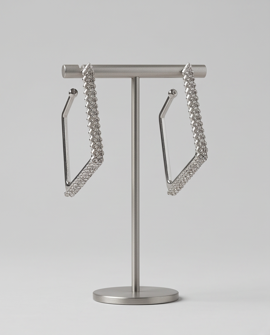 Silver Crystal Pavé Square Hoop Earrings on display stand