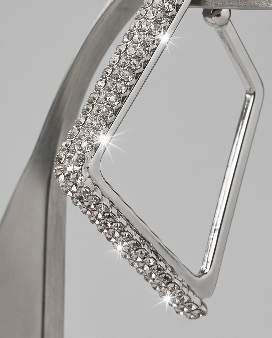Silver Crystal Pavé Square Hoop Earrings close-up detail