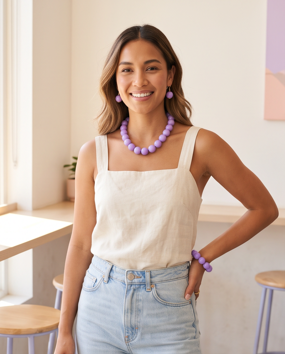 Lilac Ball Bead Necklace and Earring Set worn by model with matching bracelet