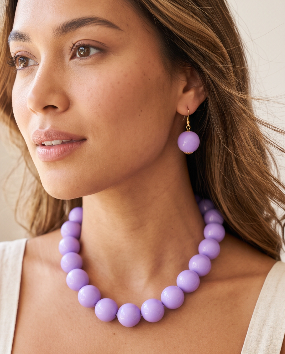 Lilac Ball Bead Earring close-up detail with gold hook