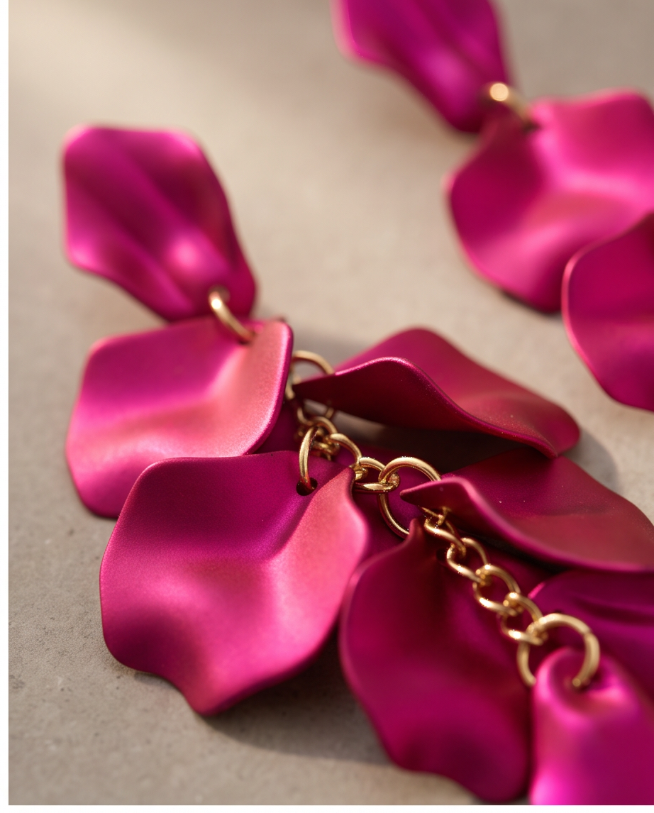 Fuchsia petal drop earrings close-up detail showing gold chain links