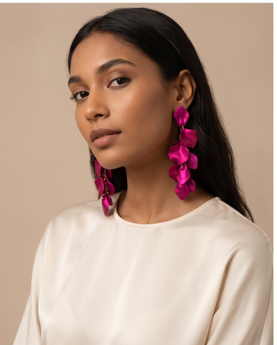 Fuchsia petal drop earrings worn by model