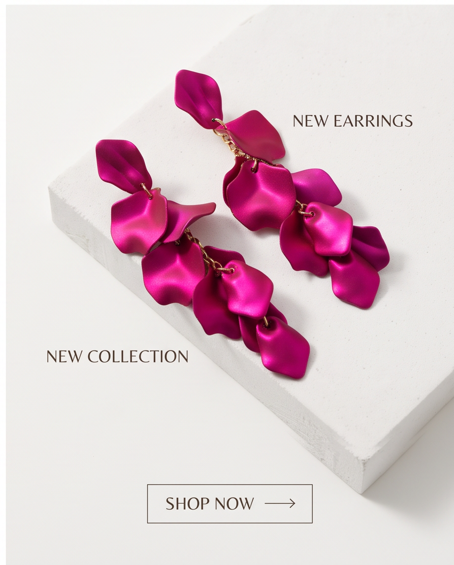 Fuchsia petal drop earrings product shot on white block