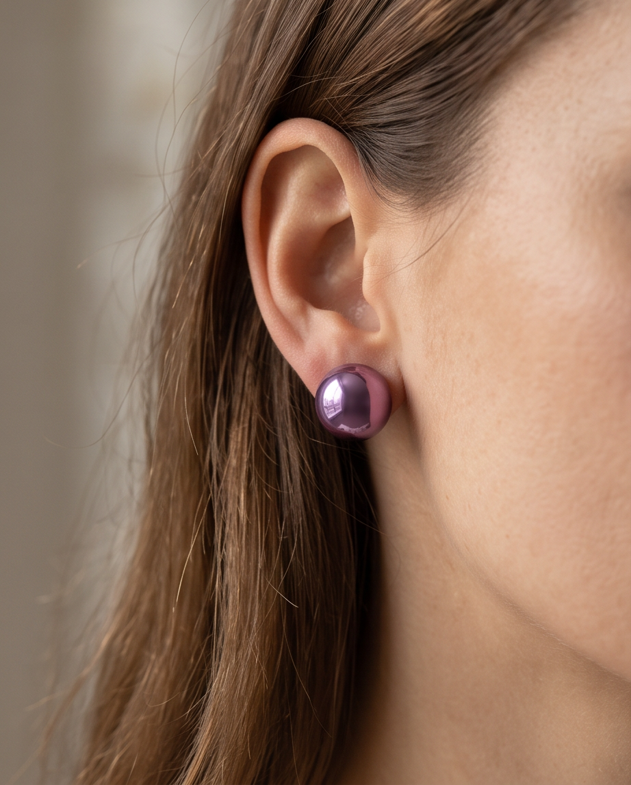 Purple Metallic Flat Faux Pearl Stud Earrings