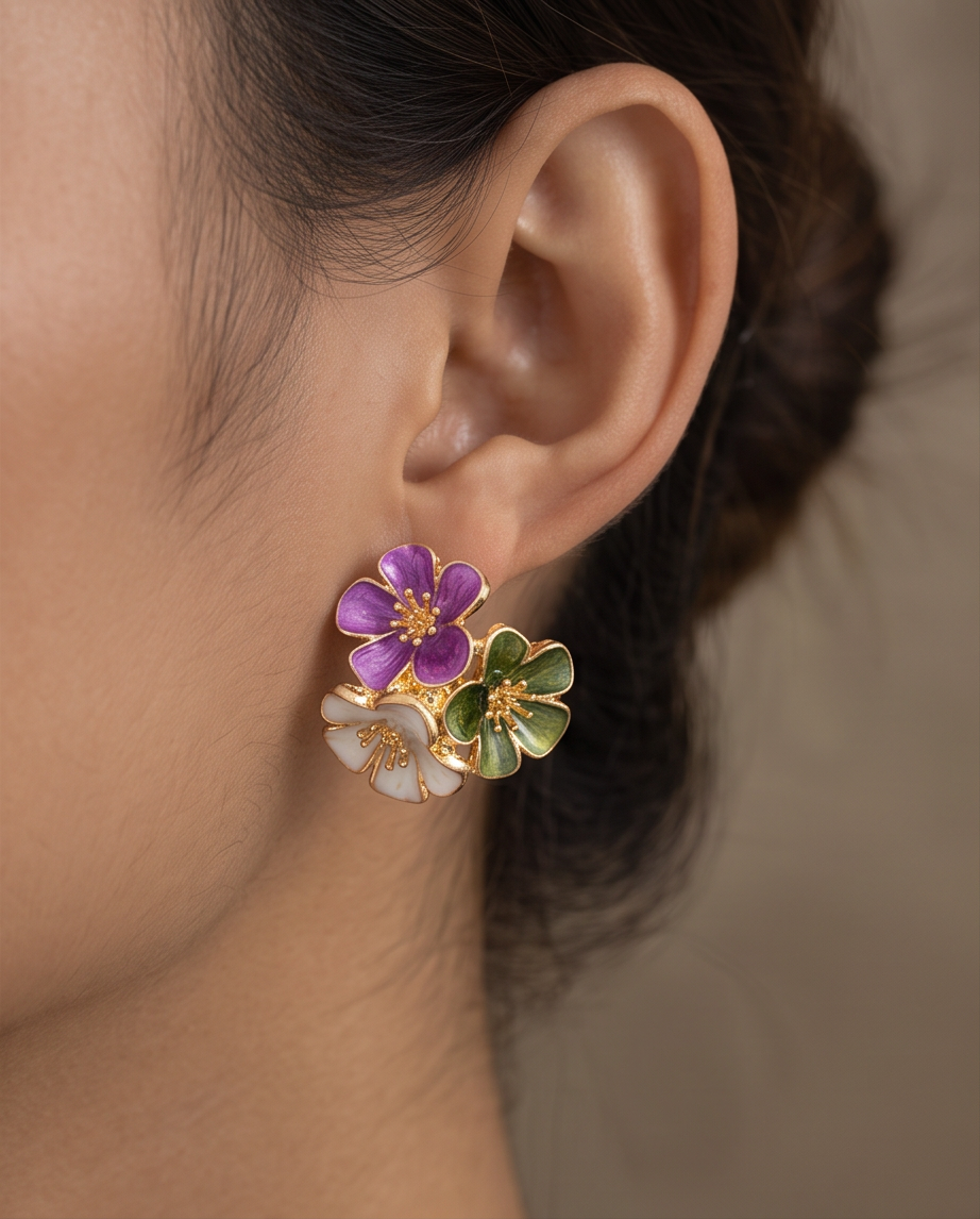 Purple Enamel Flower Cluster Stud Earrings