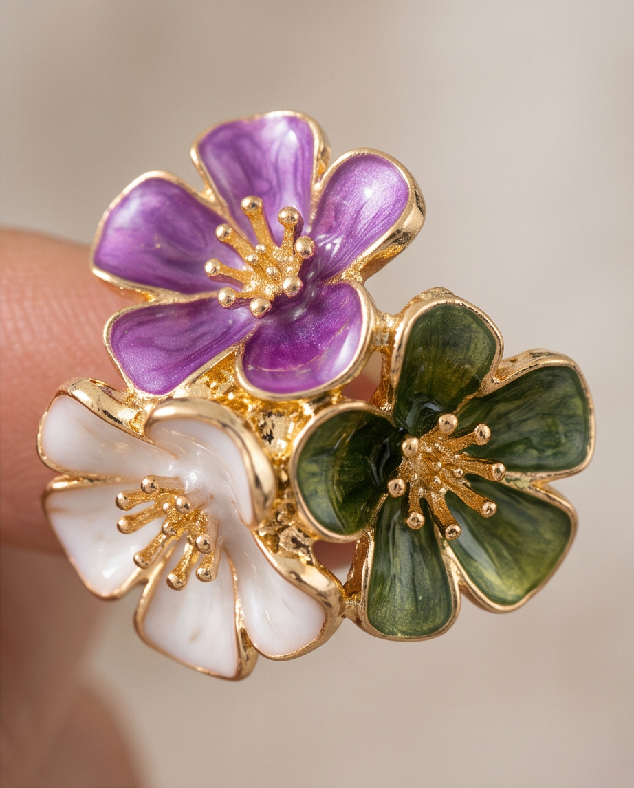 Purple Enamel Flower Cluster Stud Earrings