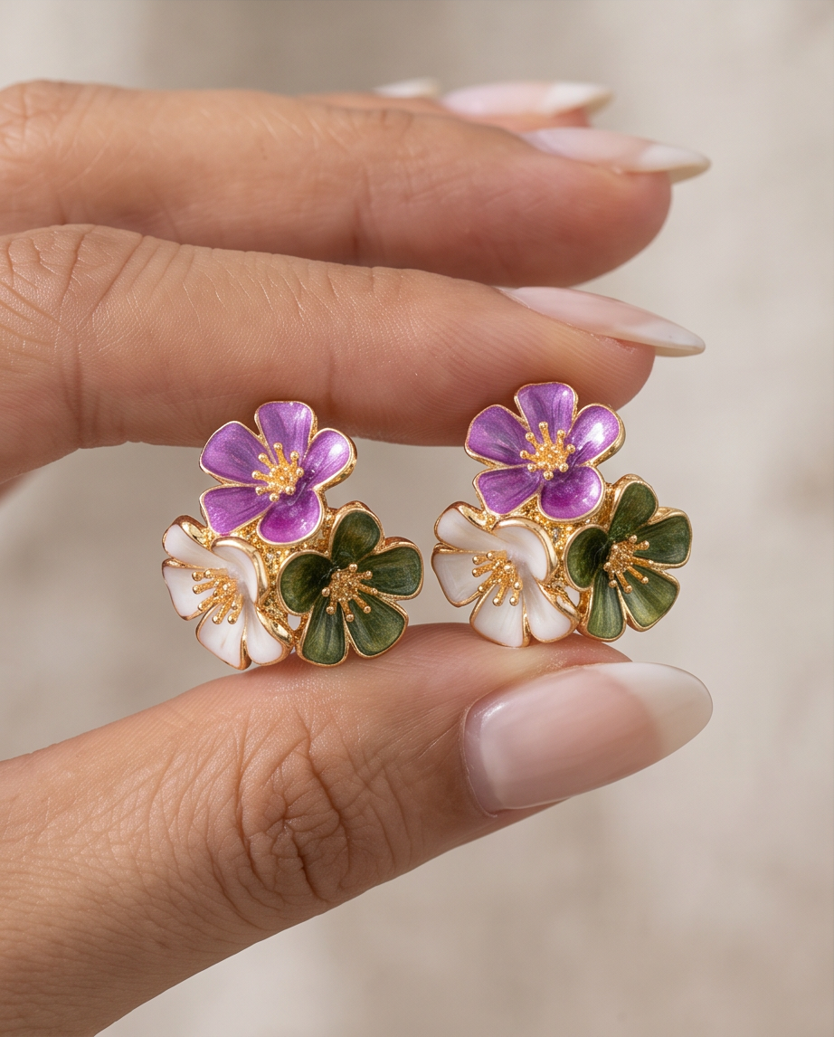 Purple Enamel Flower Cluster Stud Earrings