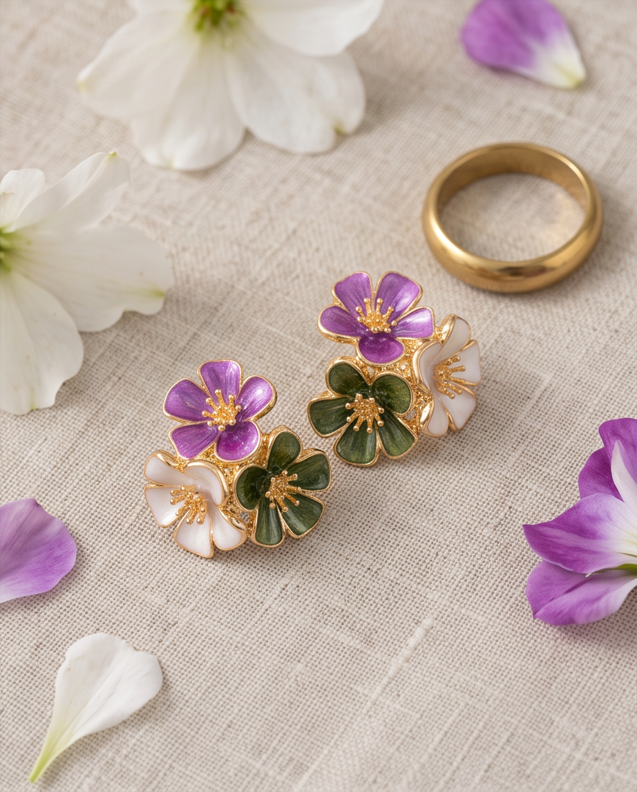 Purple Enamel Flower Cluster Stud Earrings