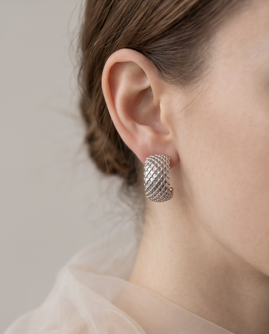 Silver Mesh Lattice Hoop Earrings