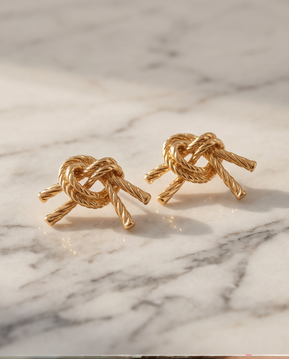 Gold Rope Knot Stud Earrings - marble flat lay