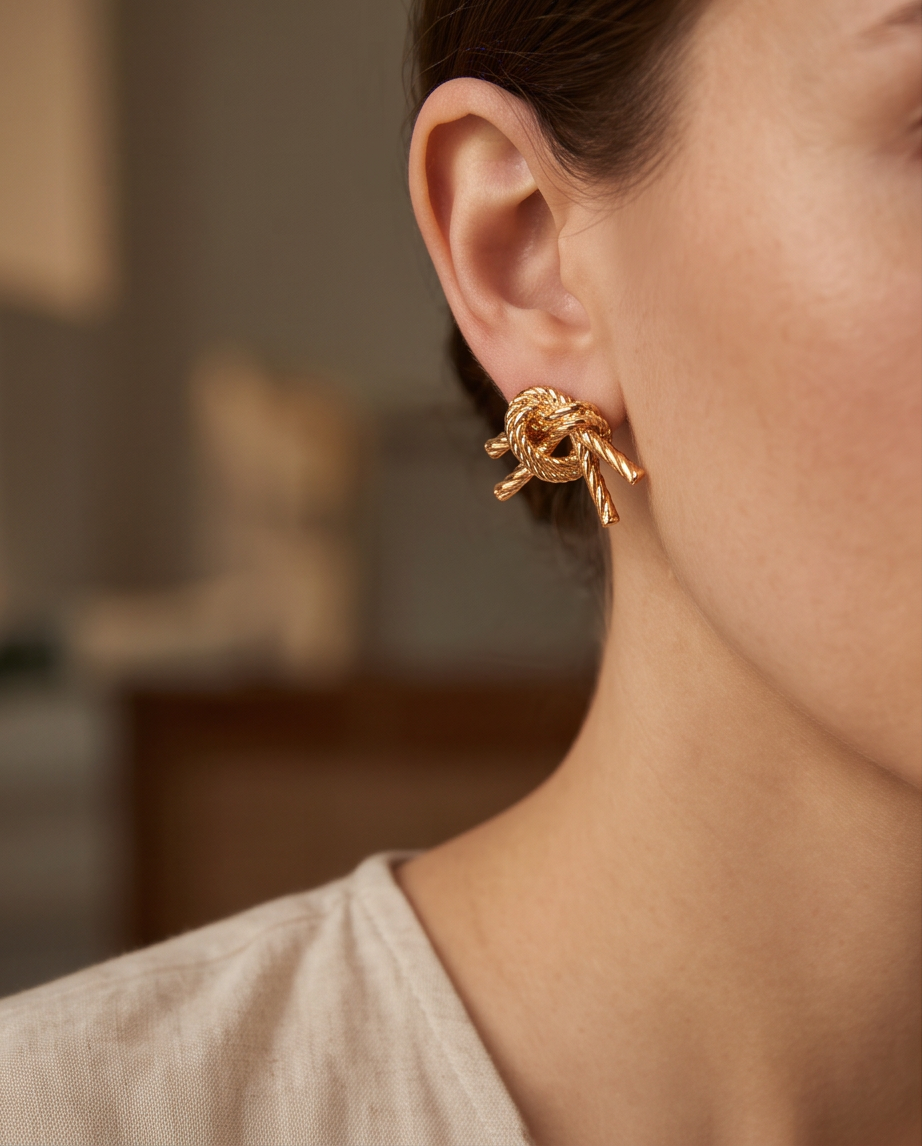 Gold Rope Knot Stud Earrings - worn on model