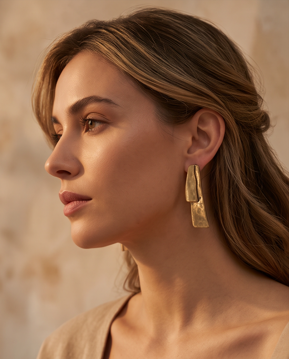 Gold Hammered Double Bar Drop Earrings - model lifestyle shot