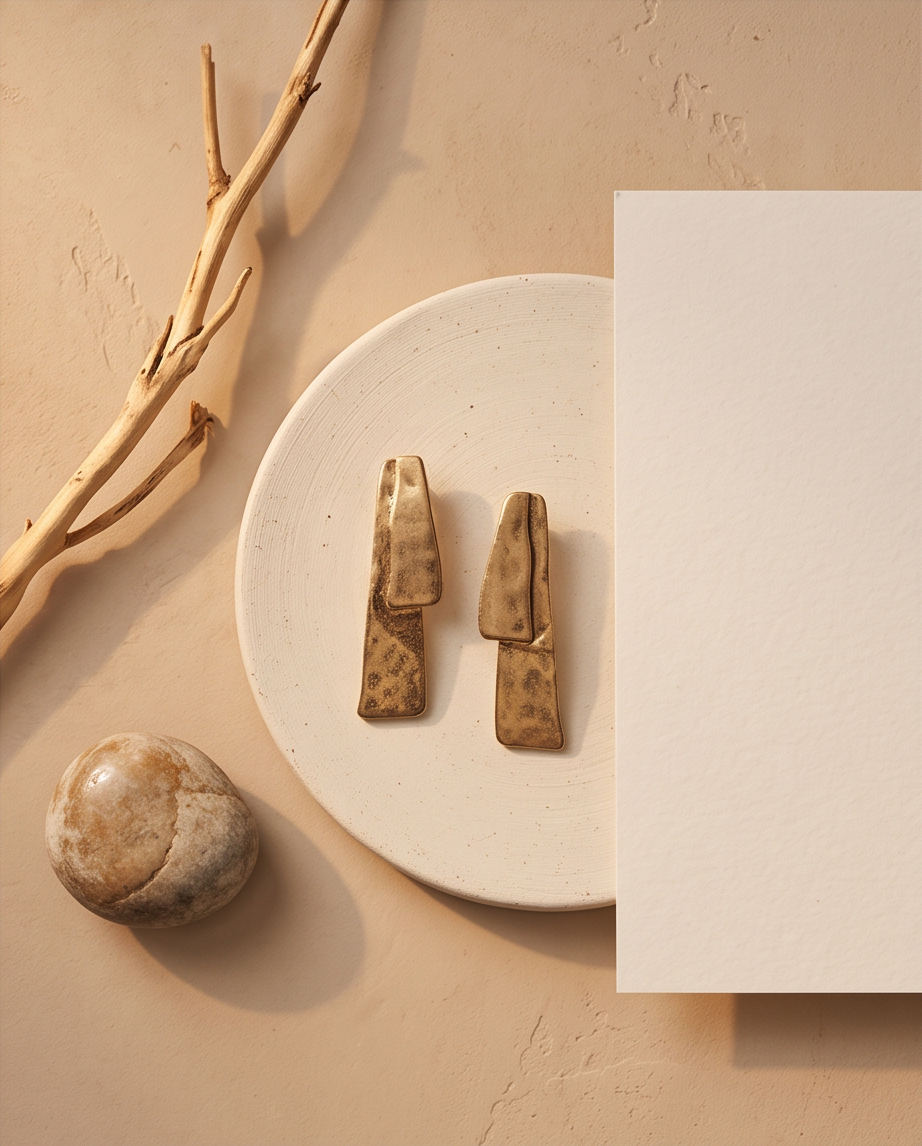 Gold Hammered Double Bar Drop Earrings - styled flat lay on ceramic plate