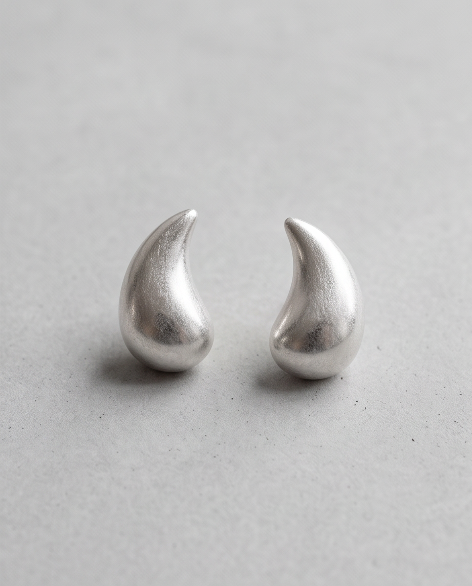 Silver Chunky Teardrop Stud Earrings - product flat lay on grey background